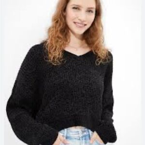 American Eagle Outfitters Black Cropped V-Neck Sweater